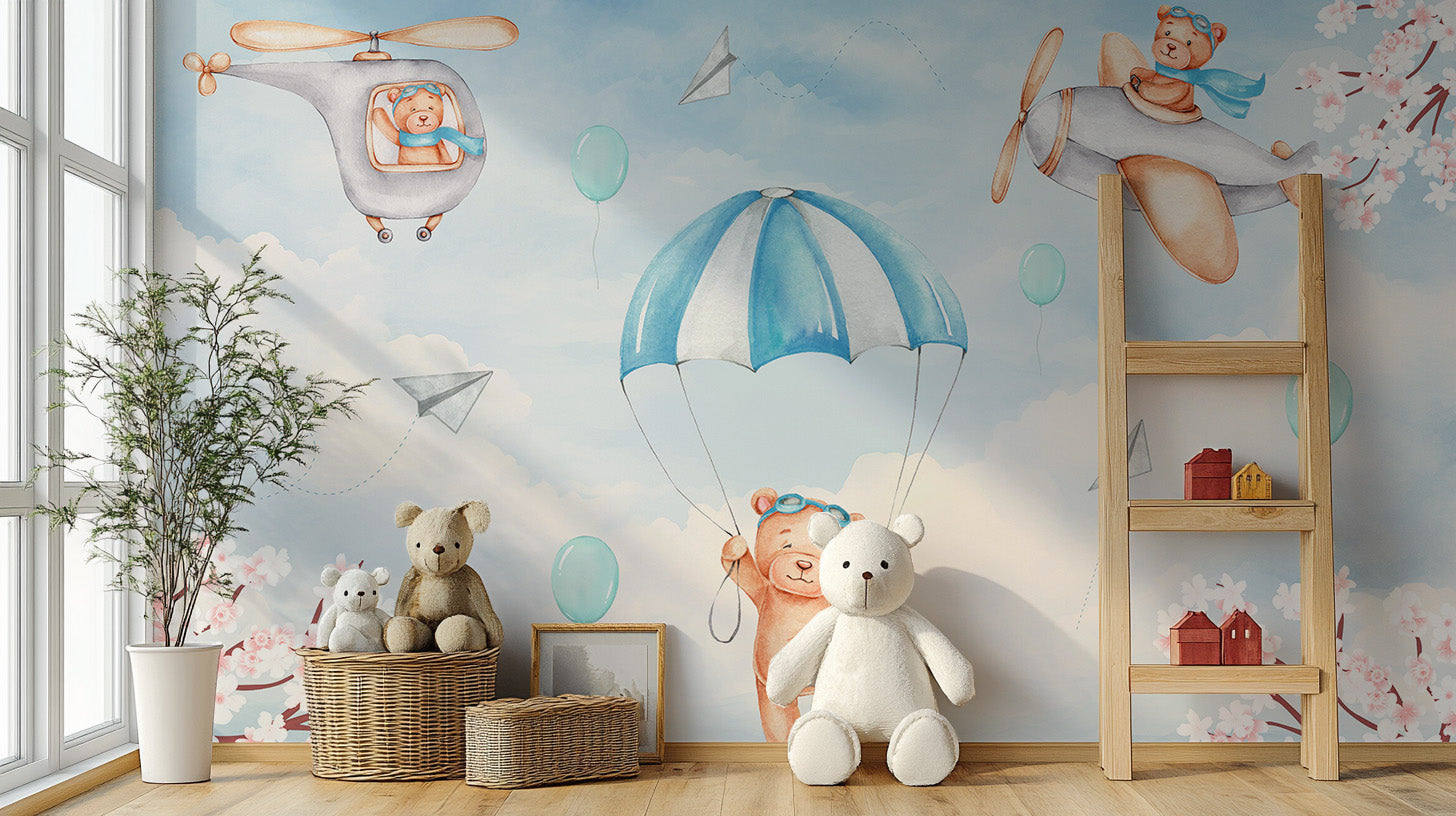 Blue sky wallpaper with playful teddy bears flying