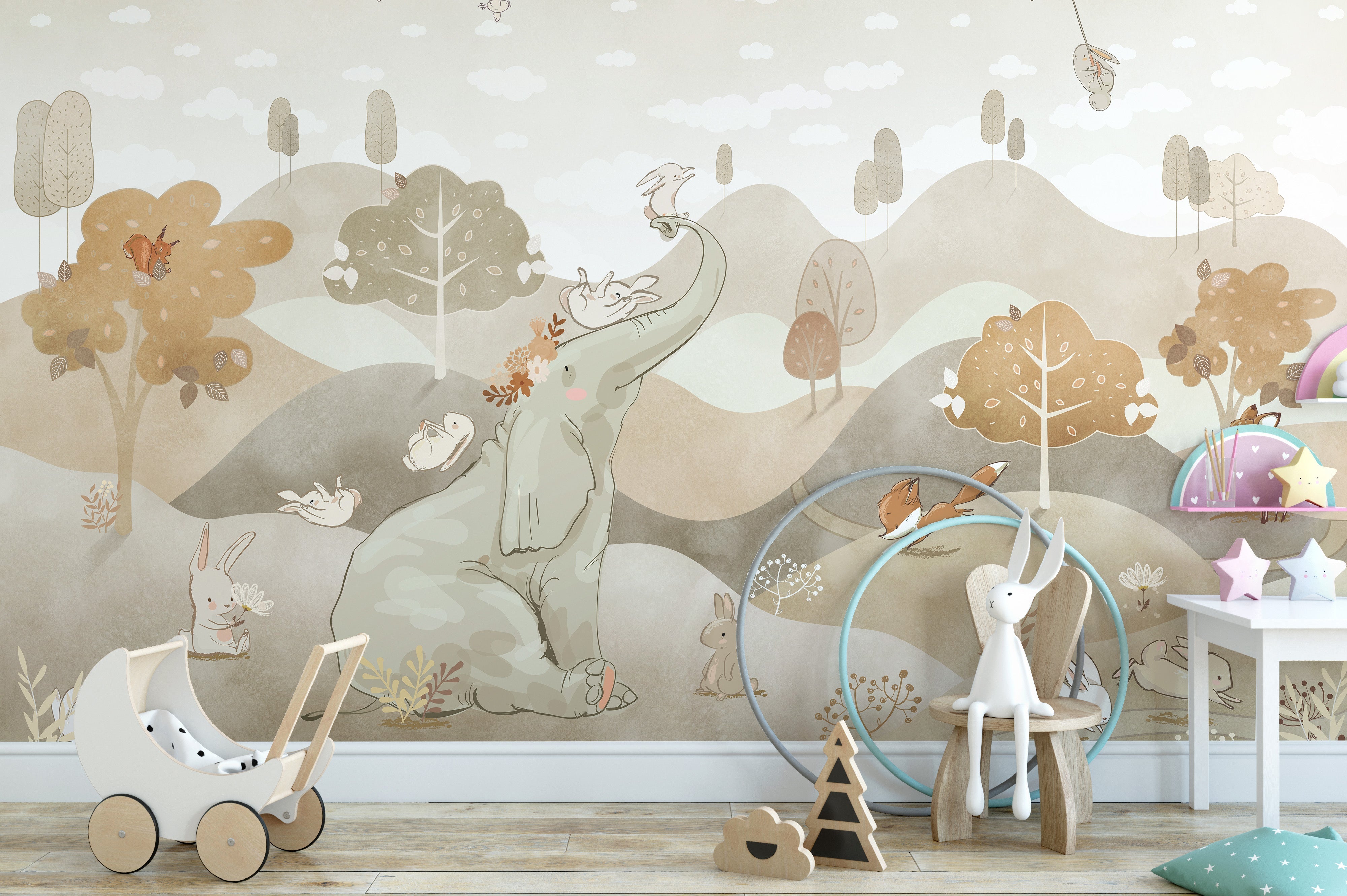 Woodland wallpaper with animals, perfect for kids rooms