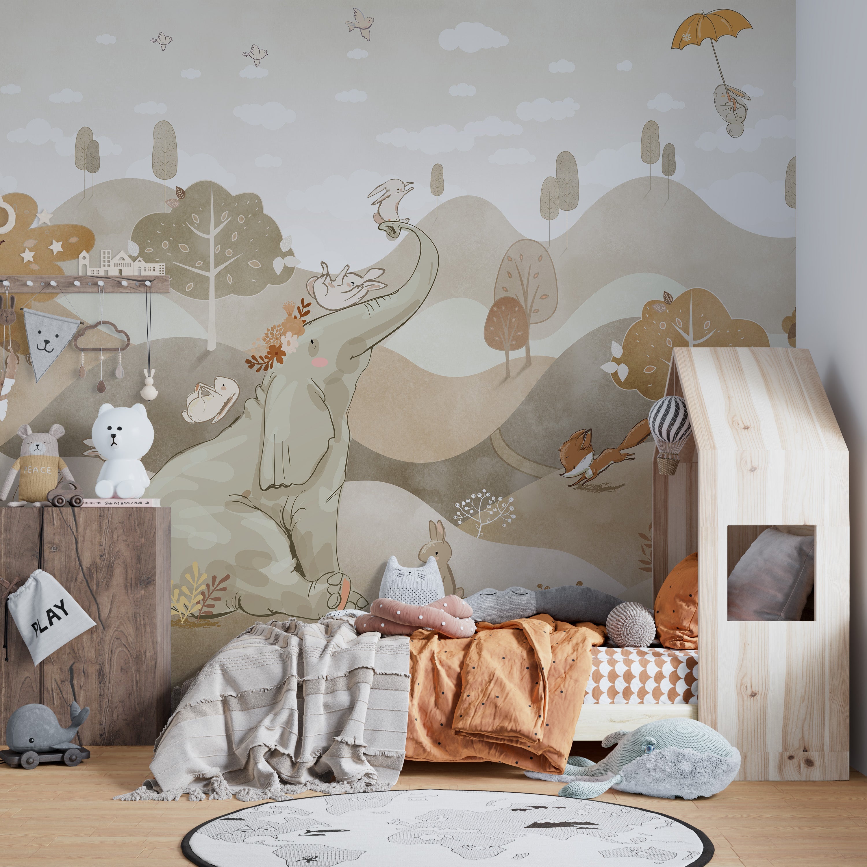 Storybook forest wallpaper mural with flying balloons