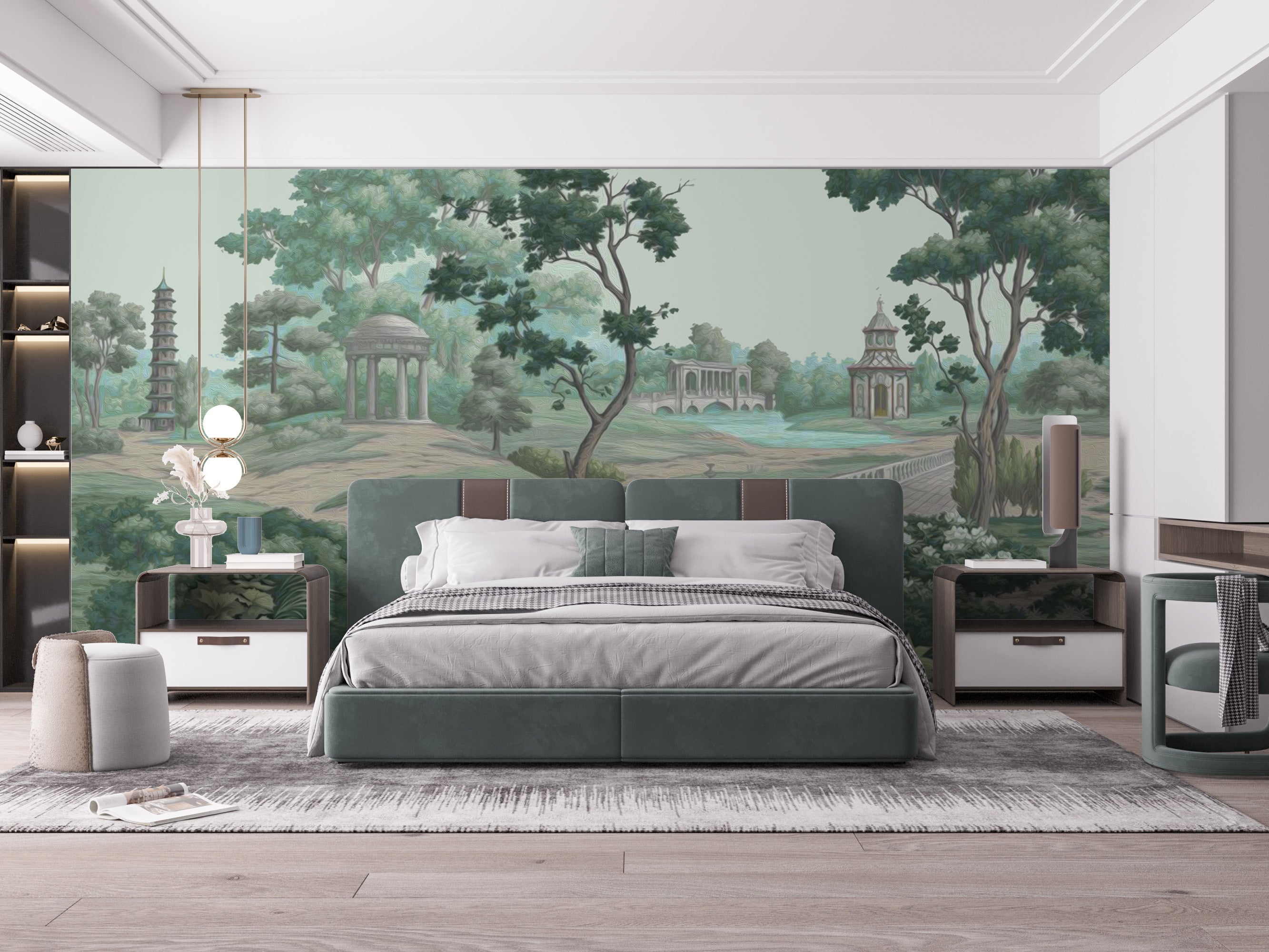 Tranquil green garden mural with floral details