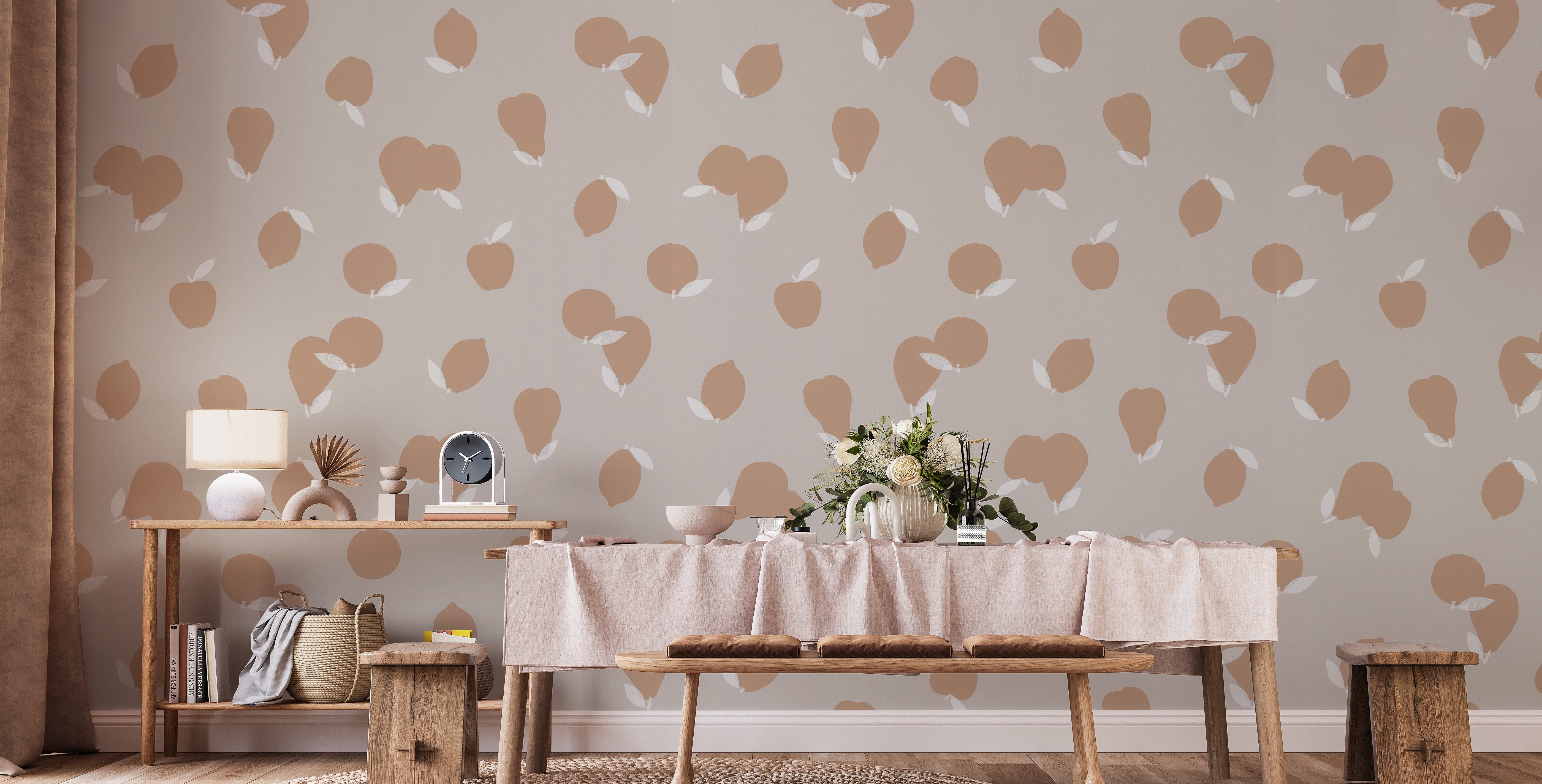 Playful fruit wallpaper with soft pastel tones
