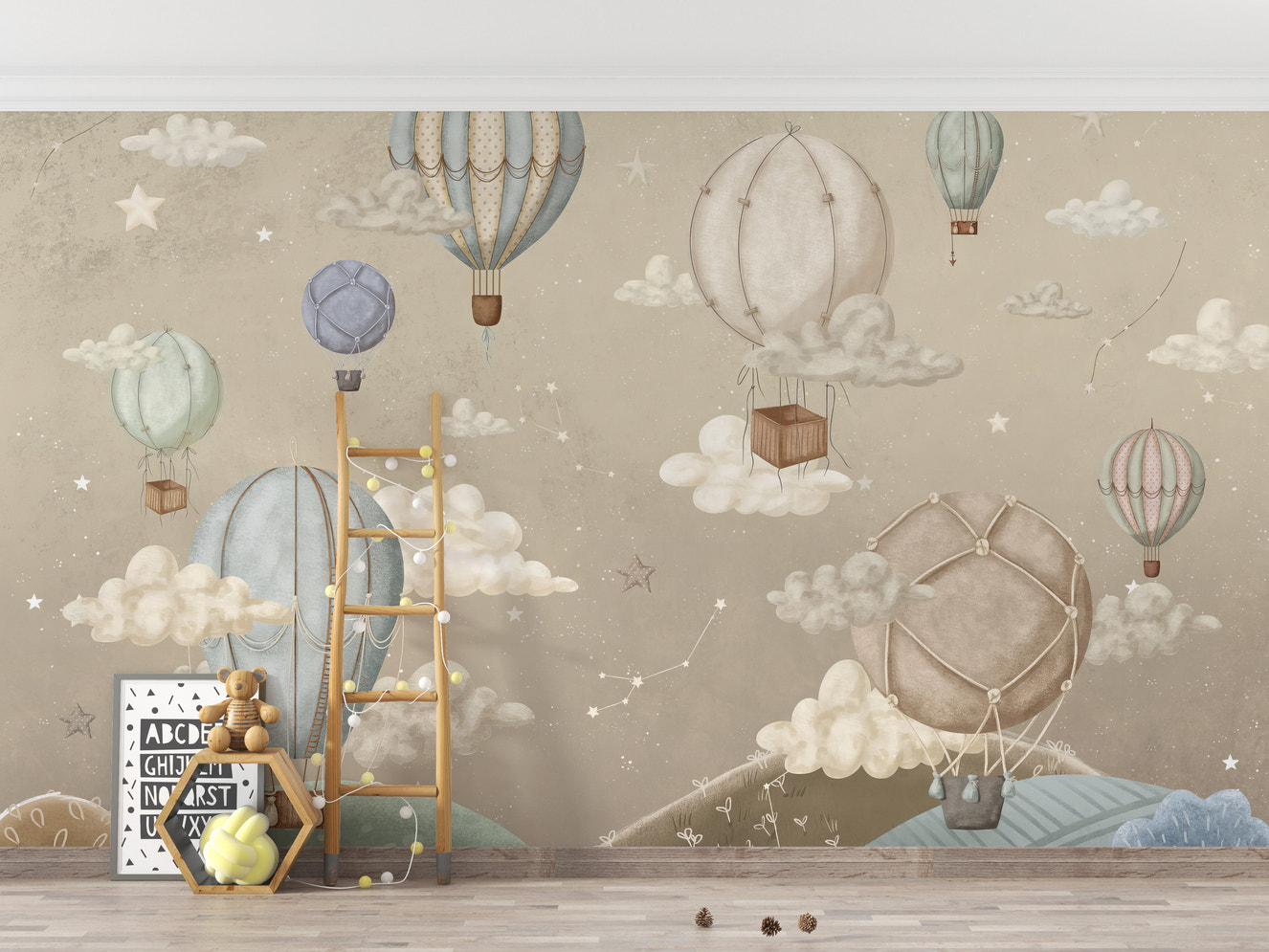 Dreamy balloon adventure mural with stars