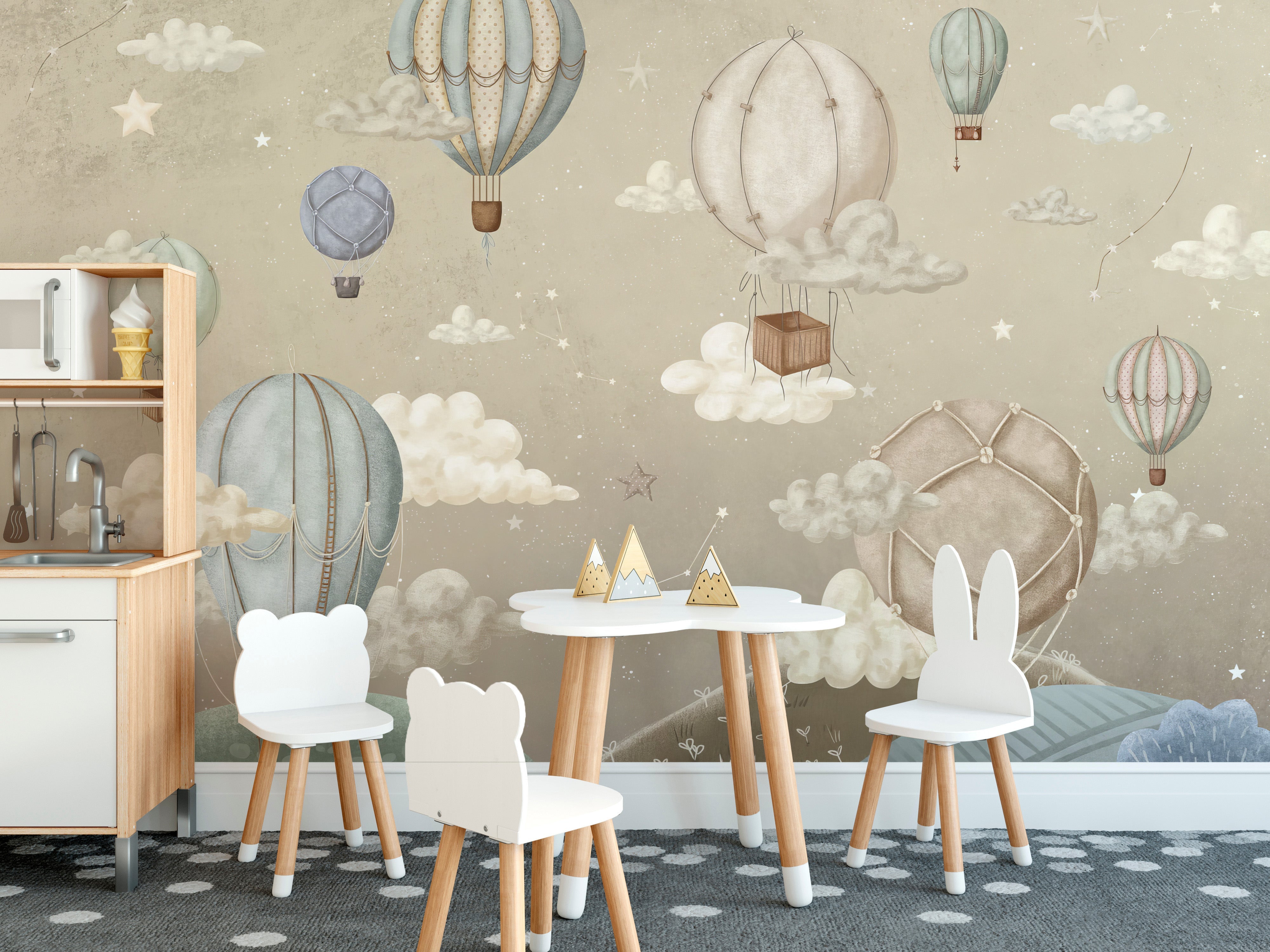 Hot air balloons floating in the sky mural