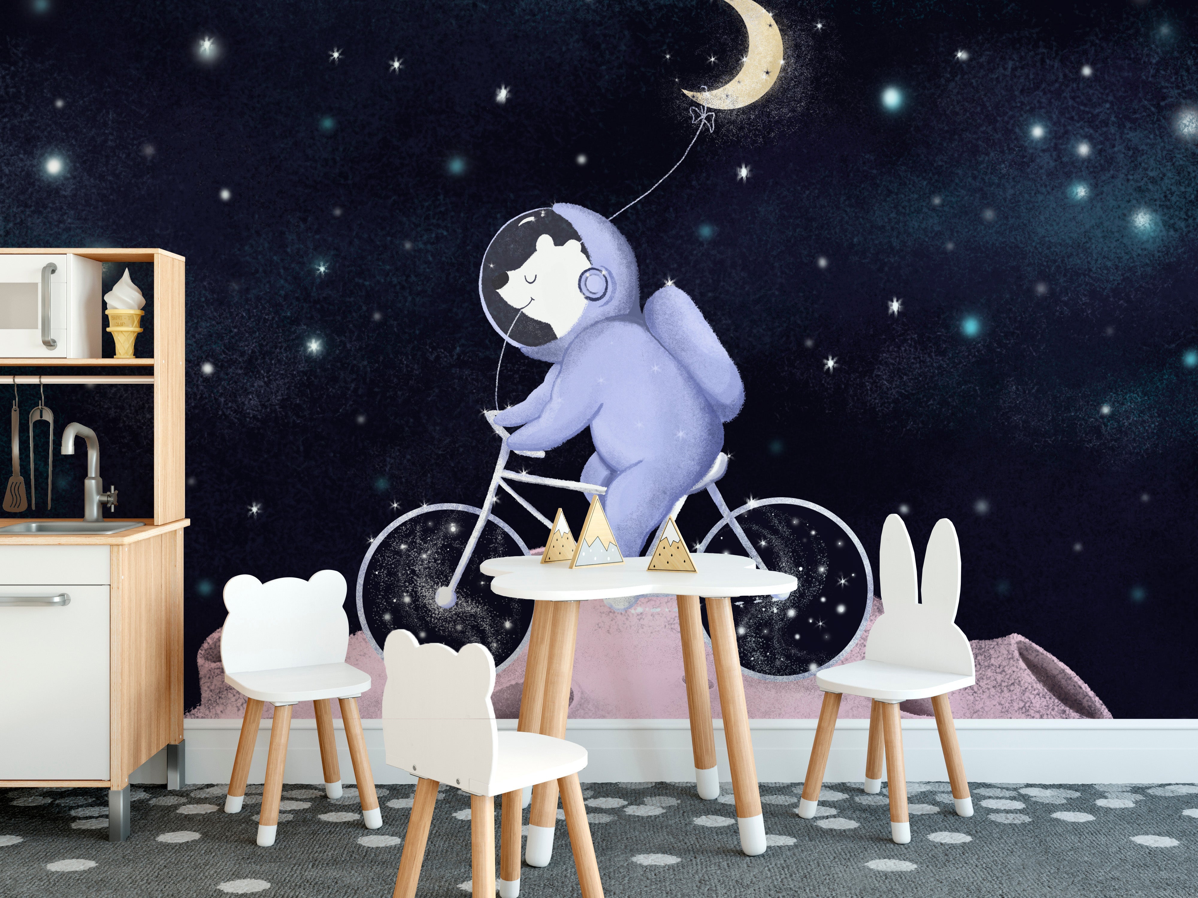 Charming space mural with bear and bike