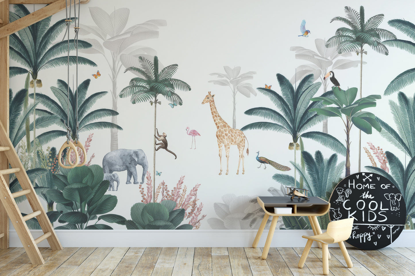 Lively tropical safari mural with jungle creatures