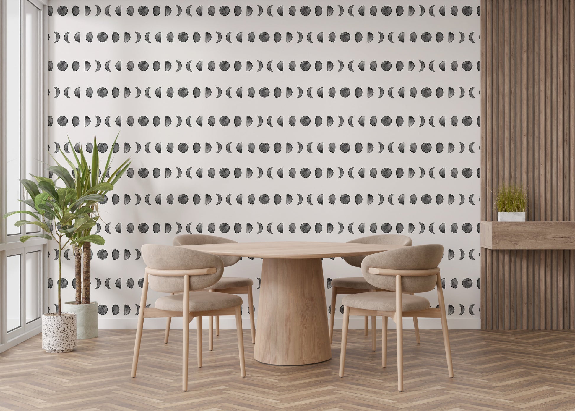 Moon cycle wallpaper with phases in gray tones