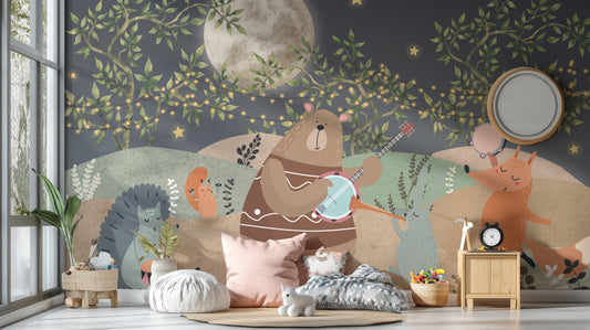 Whimsical forest mural with animals