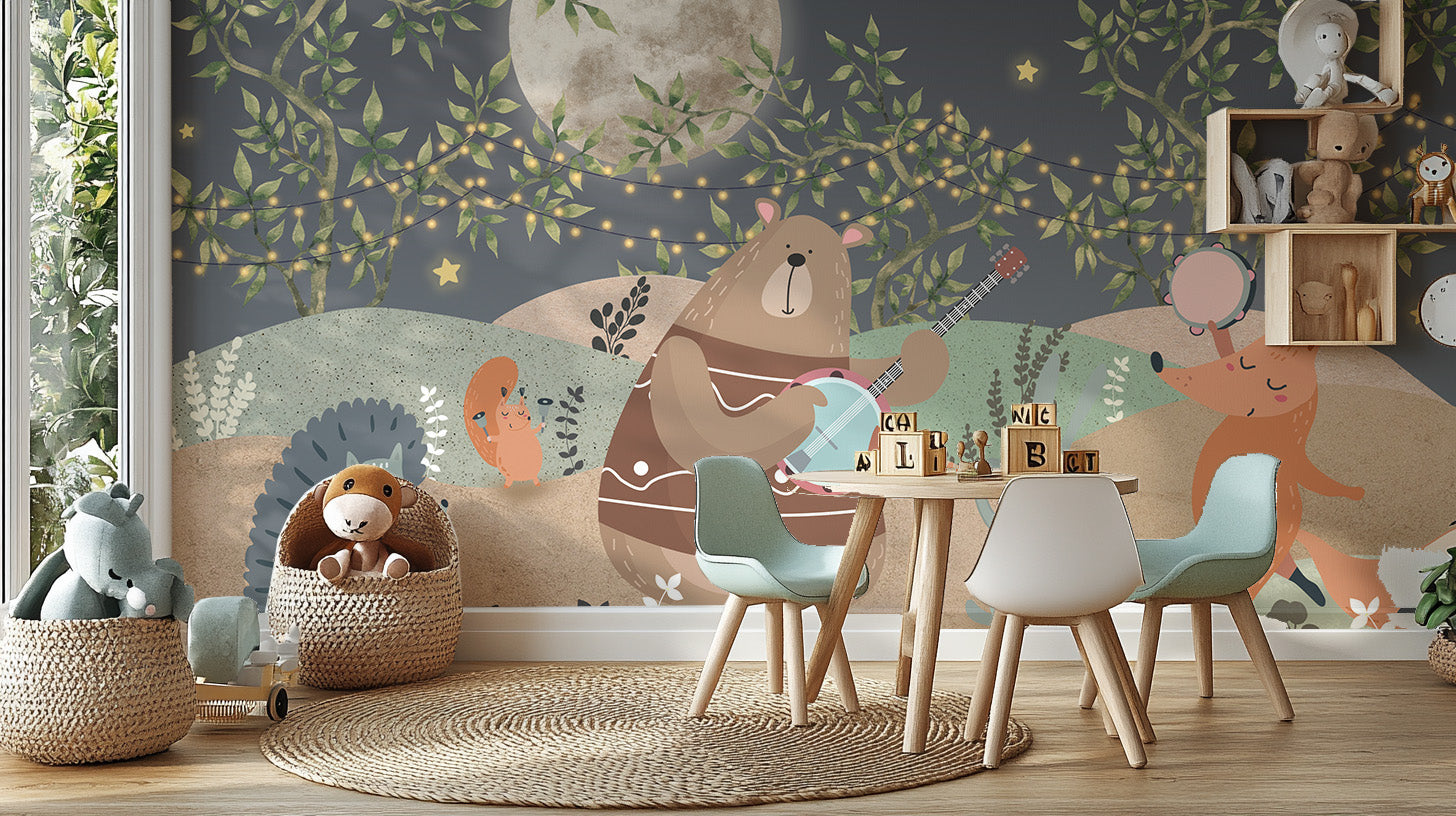 Kids’ mural with forest animals and stars