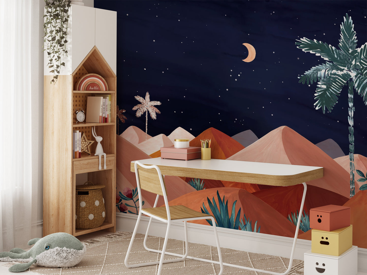 Peaceful desert night mural with plants