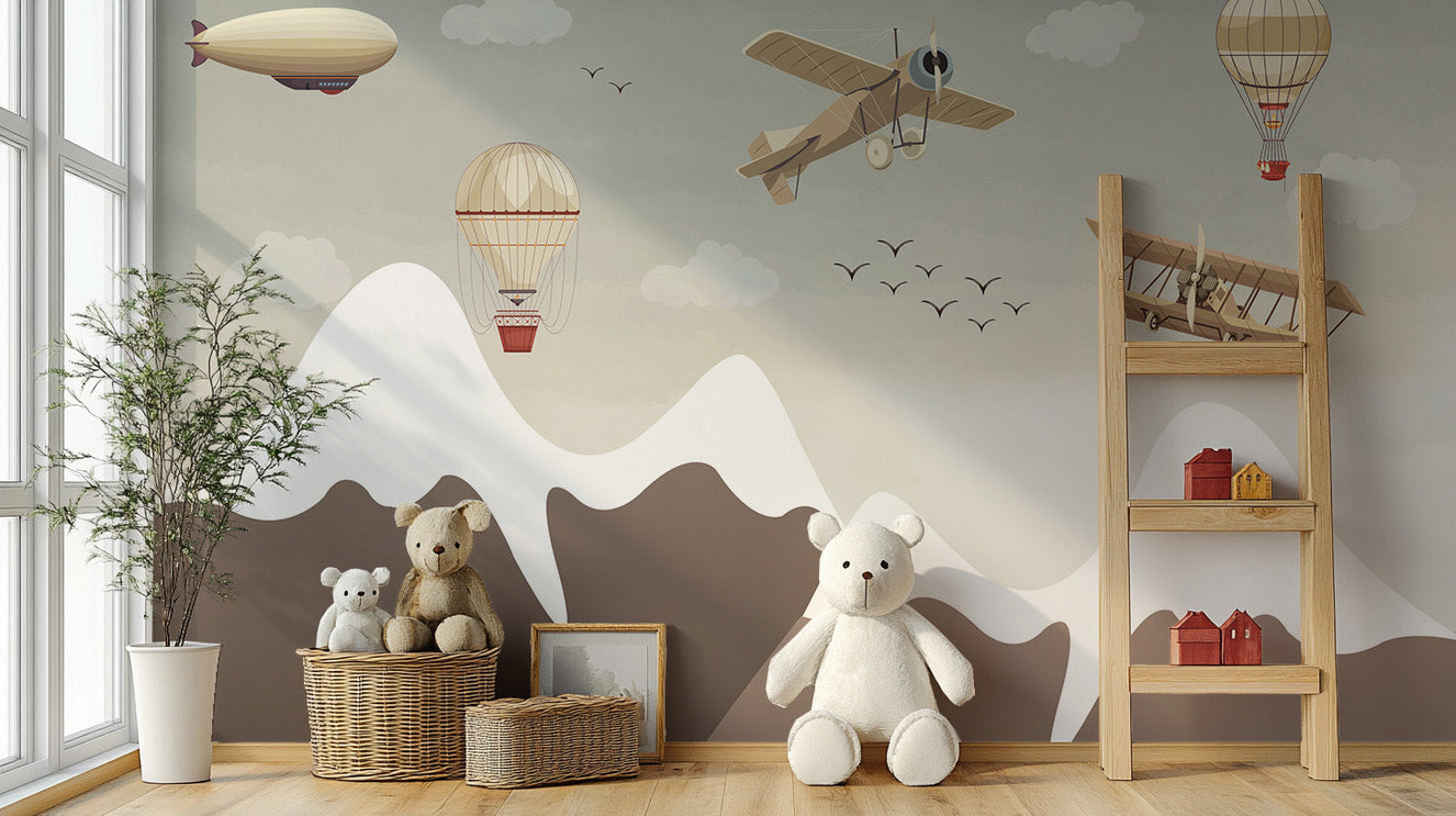 Vintage flight mural with planes and mountains