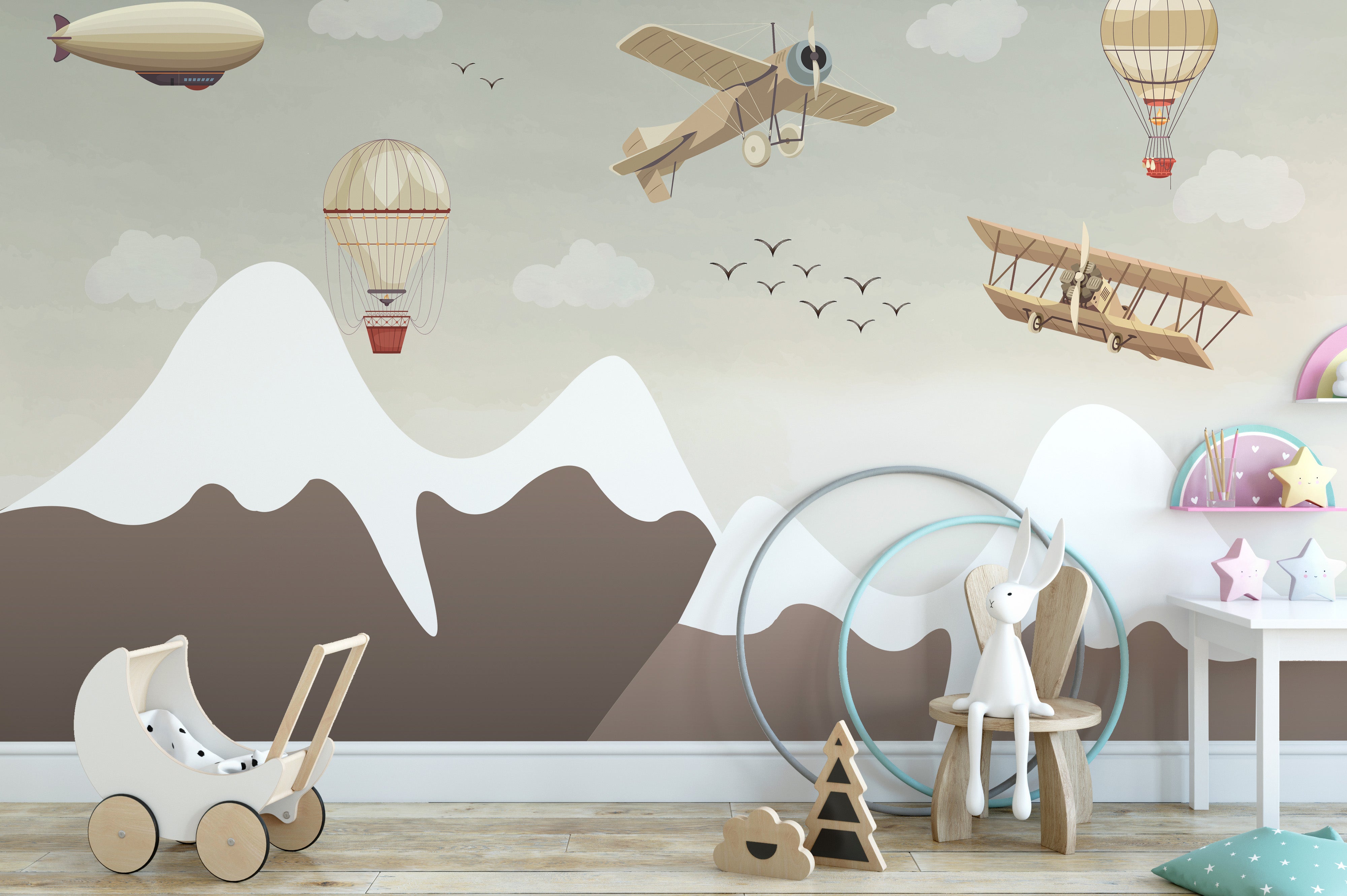 Adventure-themed vintage flight wallpaper mural for kids