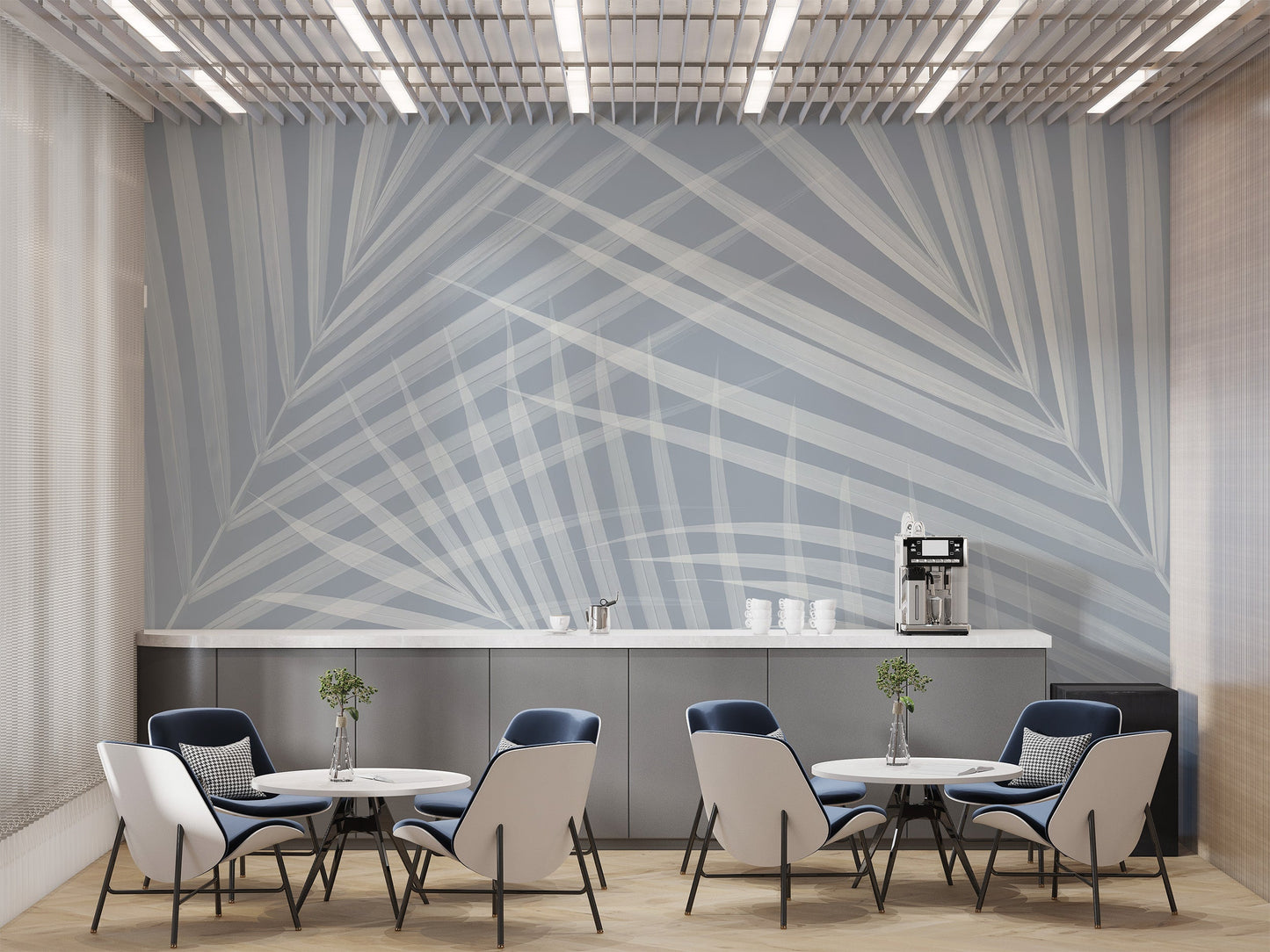 Vibrant palm leaves wallpaper mural for stylish dining spaces.