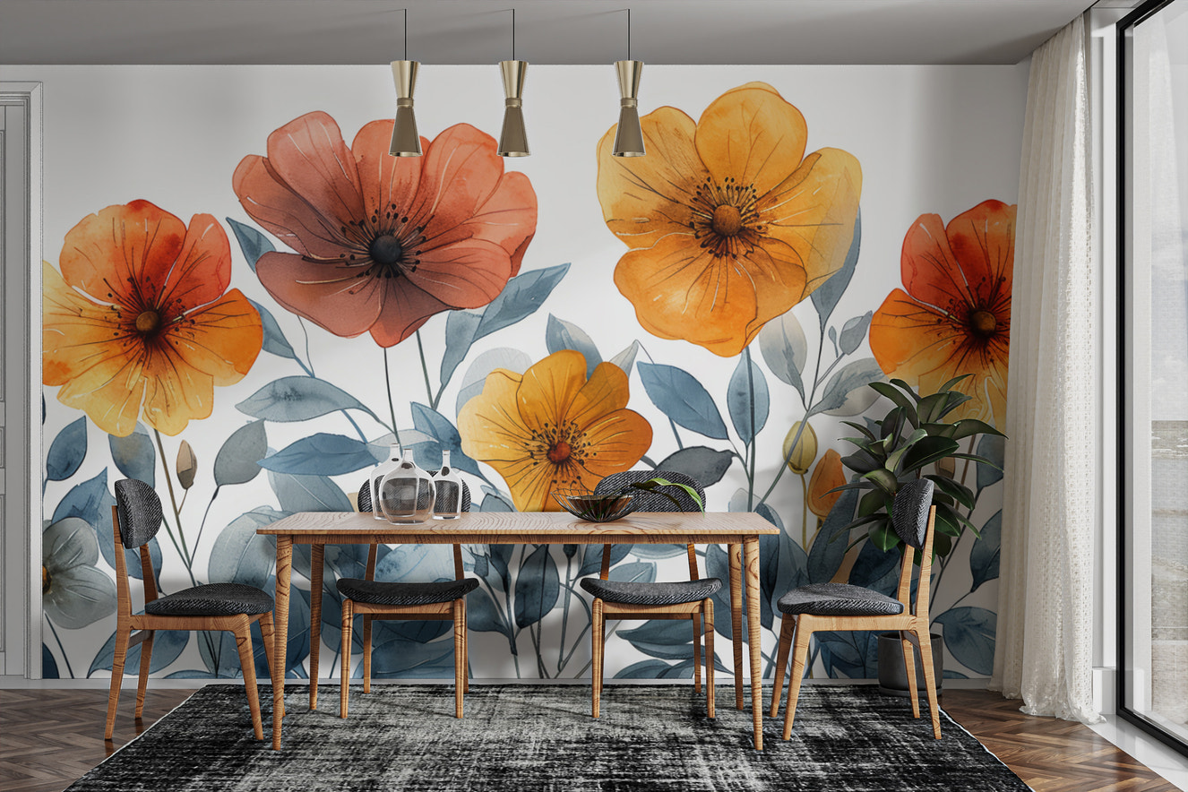 Watercolor poppies floral wall mural
