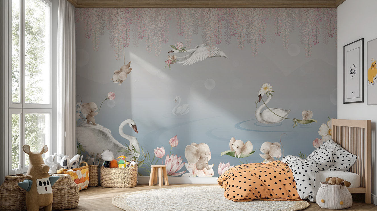 Swans and elephants nursery mural
