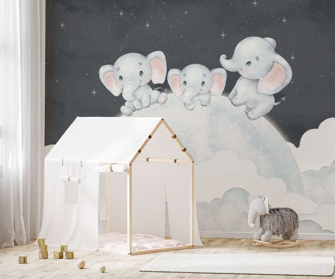 Dreamy baby elephant nursery wallpaper
