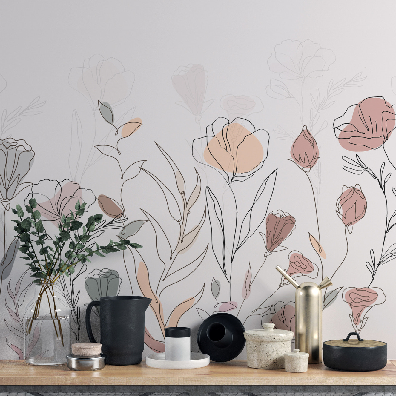 Abstract botanical sketch mural design
