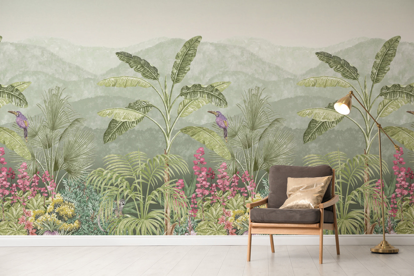 "Jungle wallpaper with birds and palm trees"
