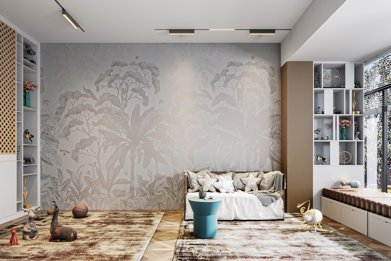 Elegant black and white jungle mural
