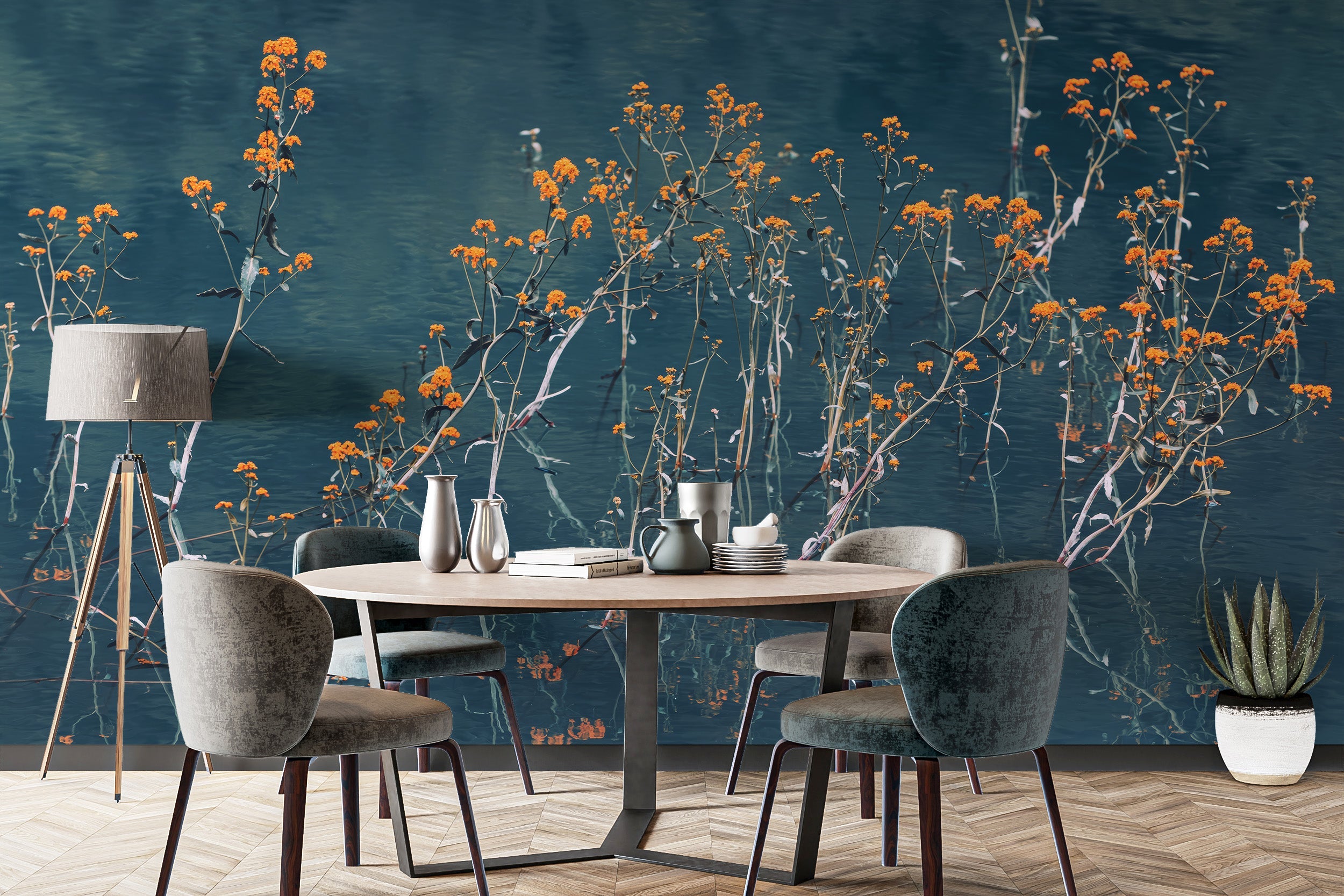 Blossom wallpaper mural in calming blue mirage tones.
