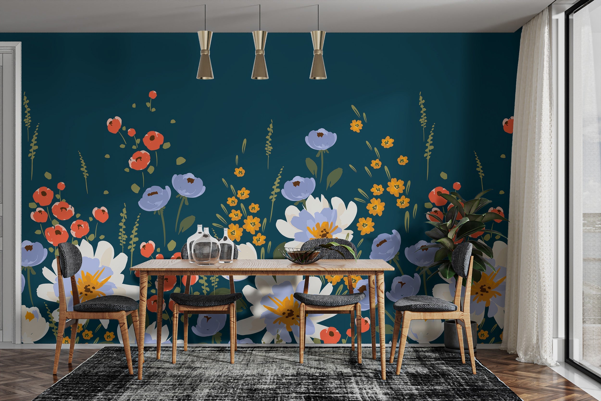 Sophisticated Midnight Garden floral mural wallpaper for dining room decor.