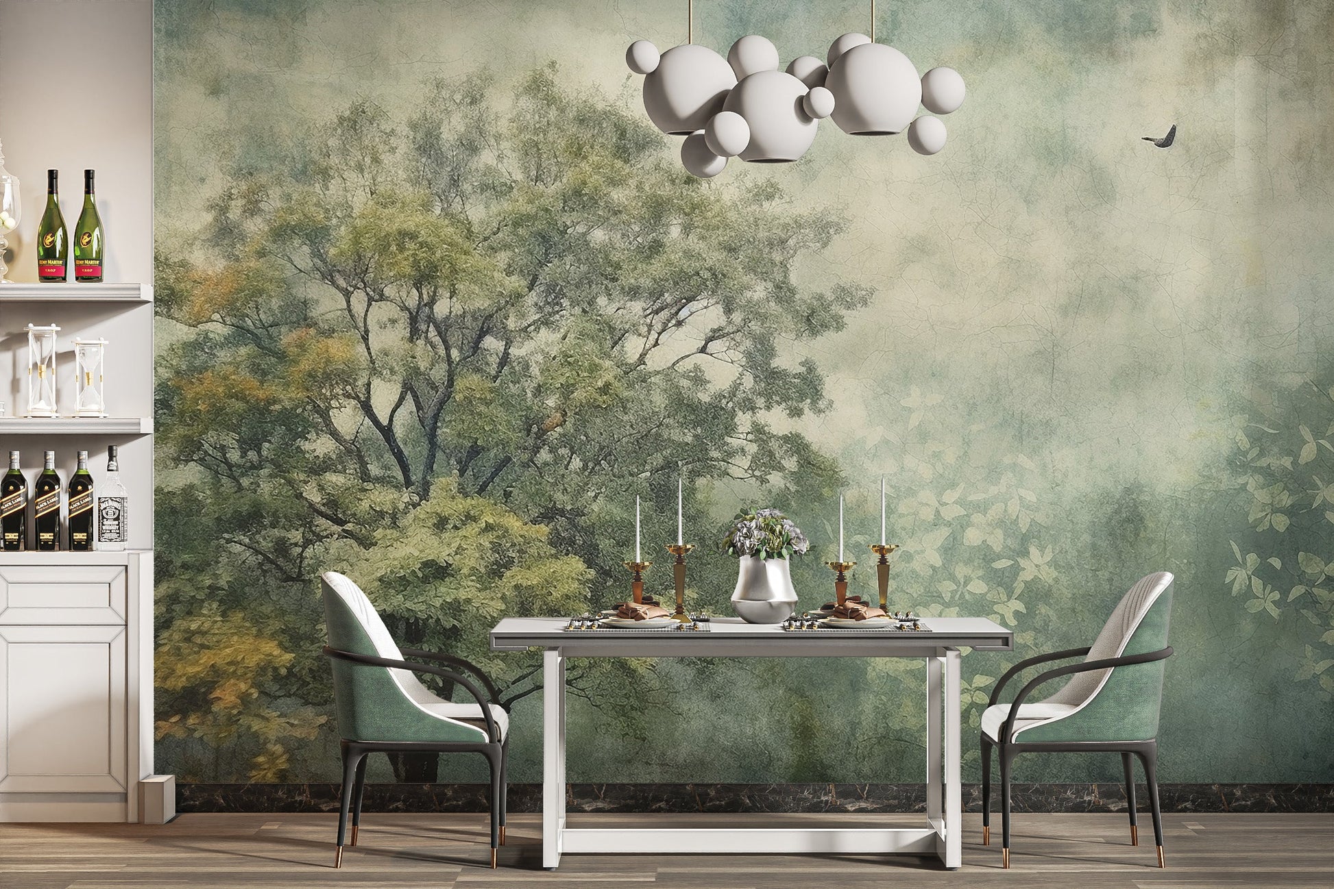 Sophisticated Forest Paradise wallpaper mural for dining room decor.