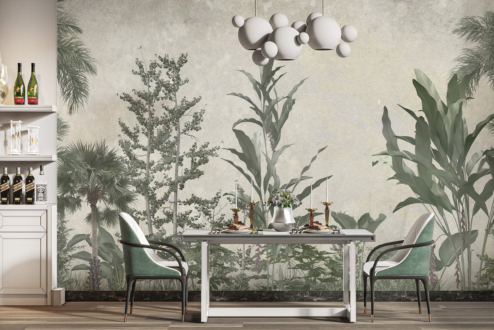 Elegant Verdant Valleys wallpaper mural for dining room decor.