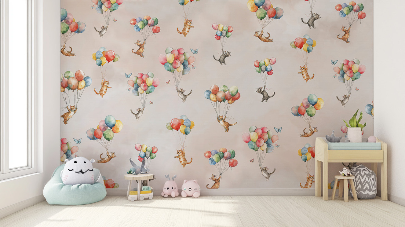 Kids room wallpaper with dreamy cat art.

