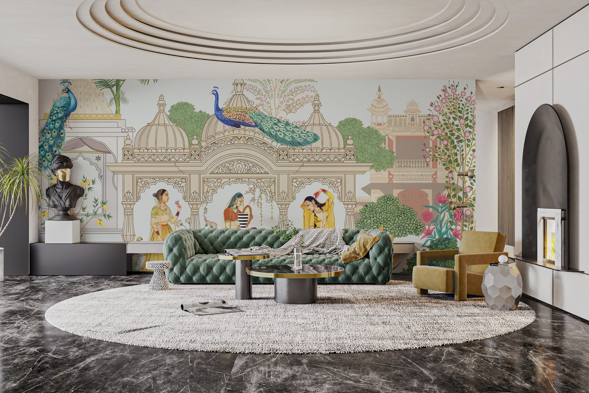 Luxurious Indian palace-themed wallpaper with cultural motifs.