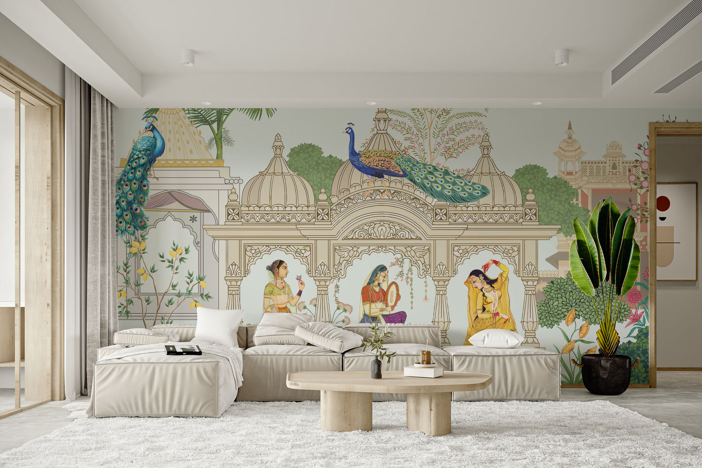 Elegant mural depicting Indian domes, peacocks, and lush greenery.