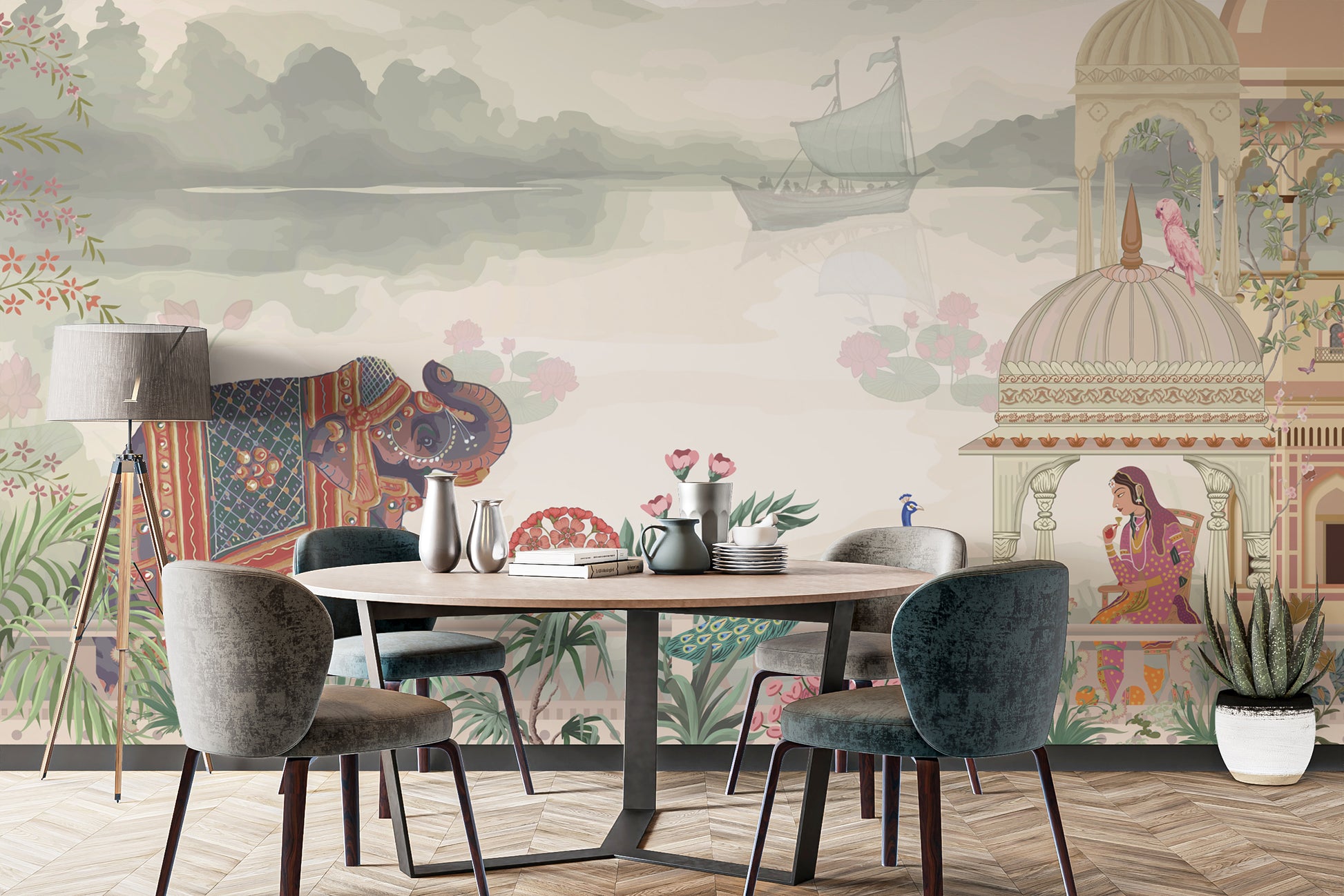 Majestic Indian-themed mural featuring serene lakes and elephants.