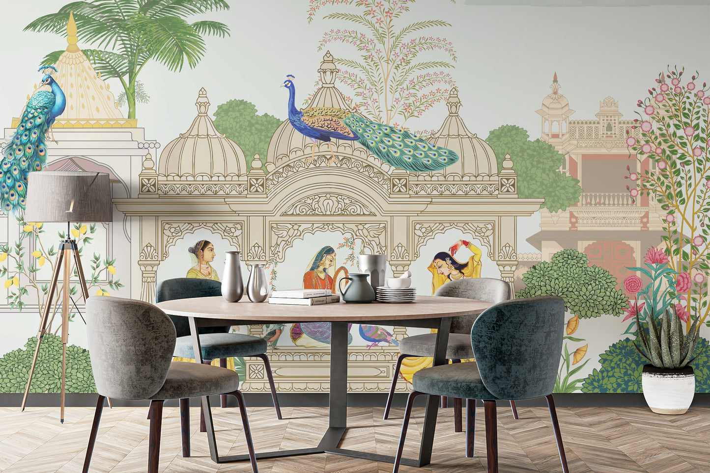 Regal Indian-inspired wall mural featuring traditional architecture.