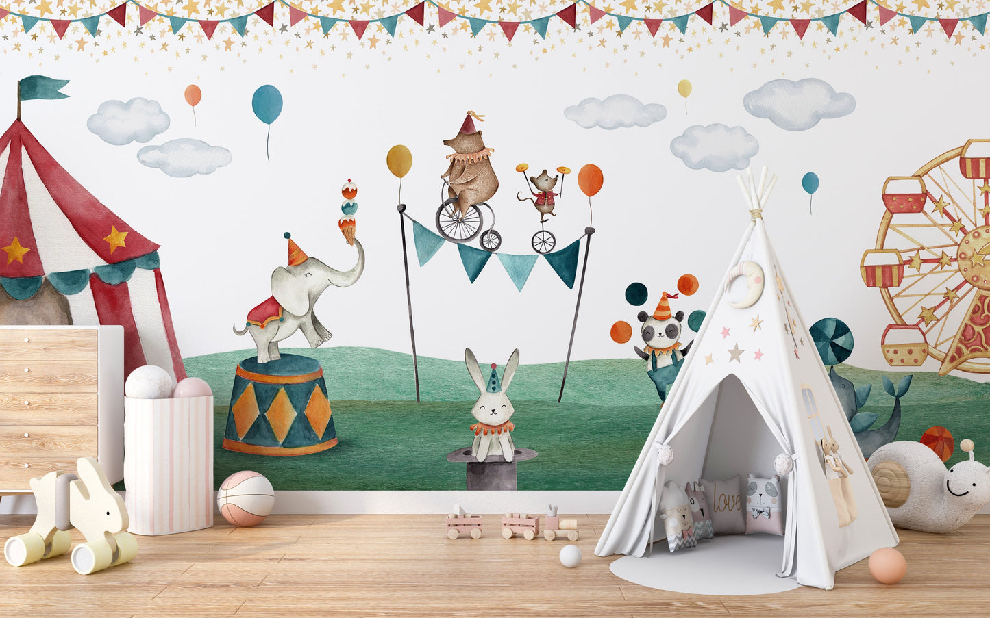 Crazy Circus Watercolour Bear Wallpaper Mural - Giffywalls