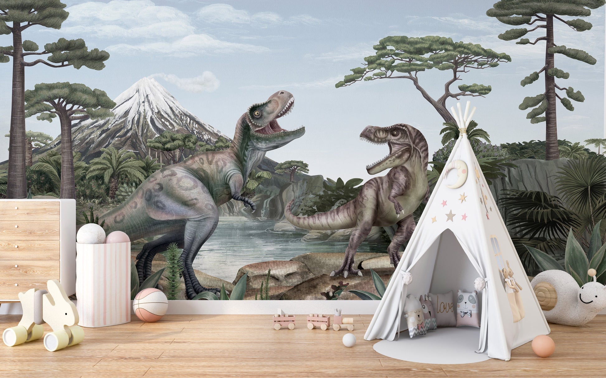 Dinosaur-themed mural wallpaper featuring T-Rex in action