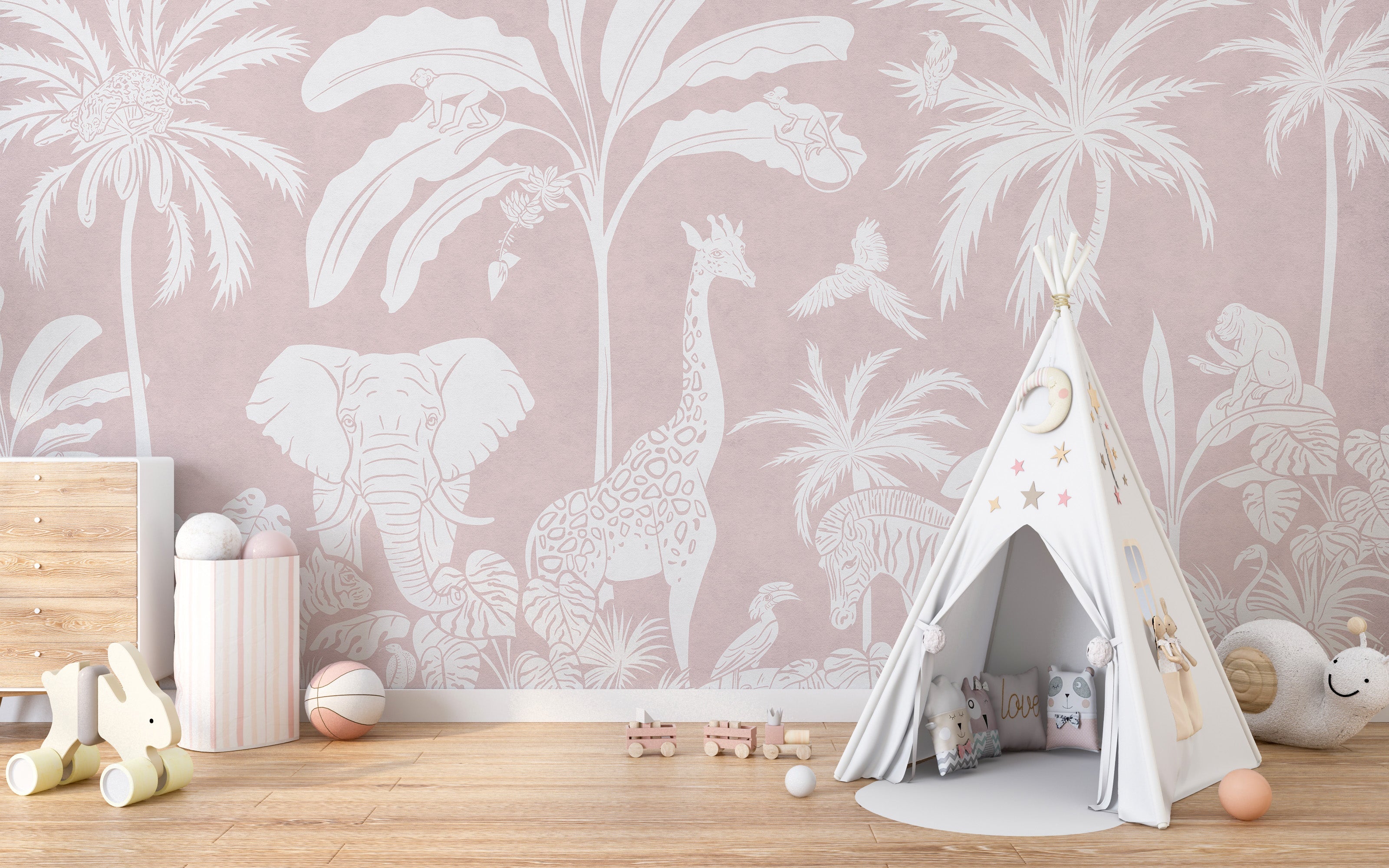 Monochrome Jungle Pink Wall Mural
