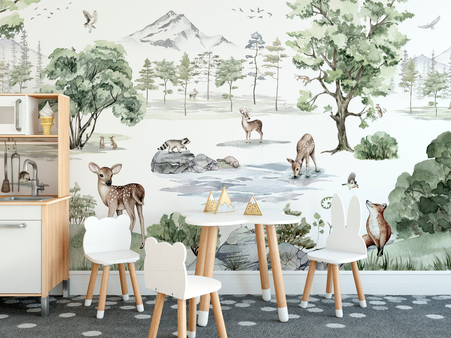 Watercolor winter forest wallpaper featuring deer and wildlife