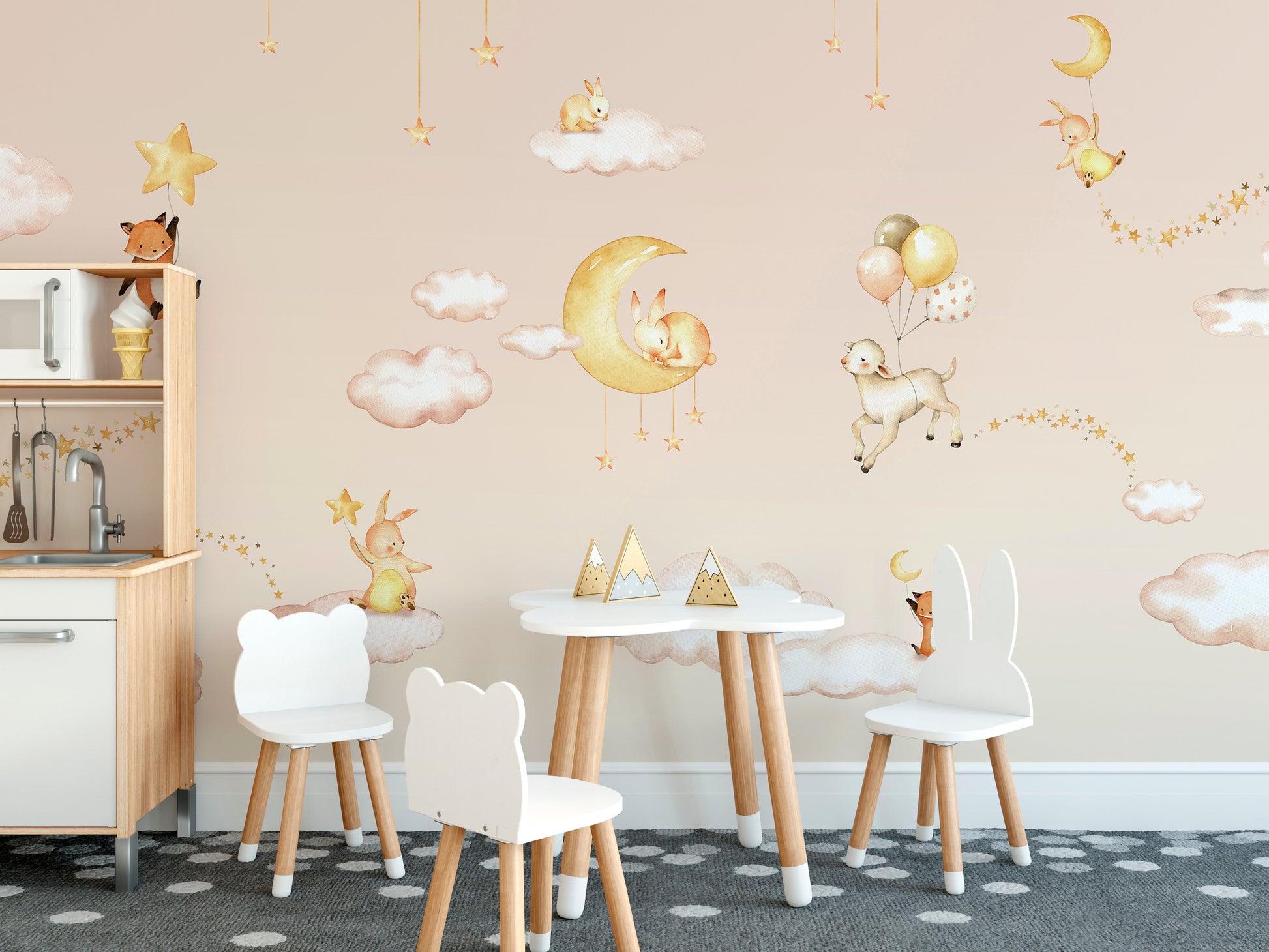 Kids room wallpaper featuring stars and dreamy pink theme