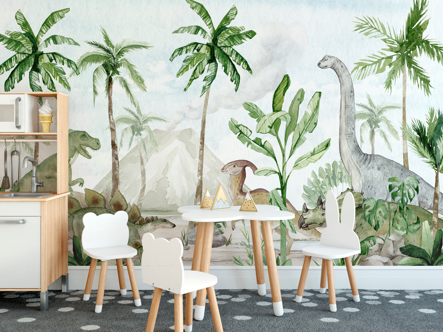 Dinosaur-themed watercolor mural for children