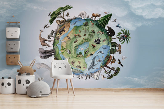 Artistic wallpaper showcasing animals circling the Earth