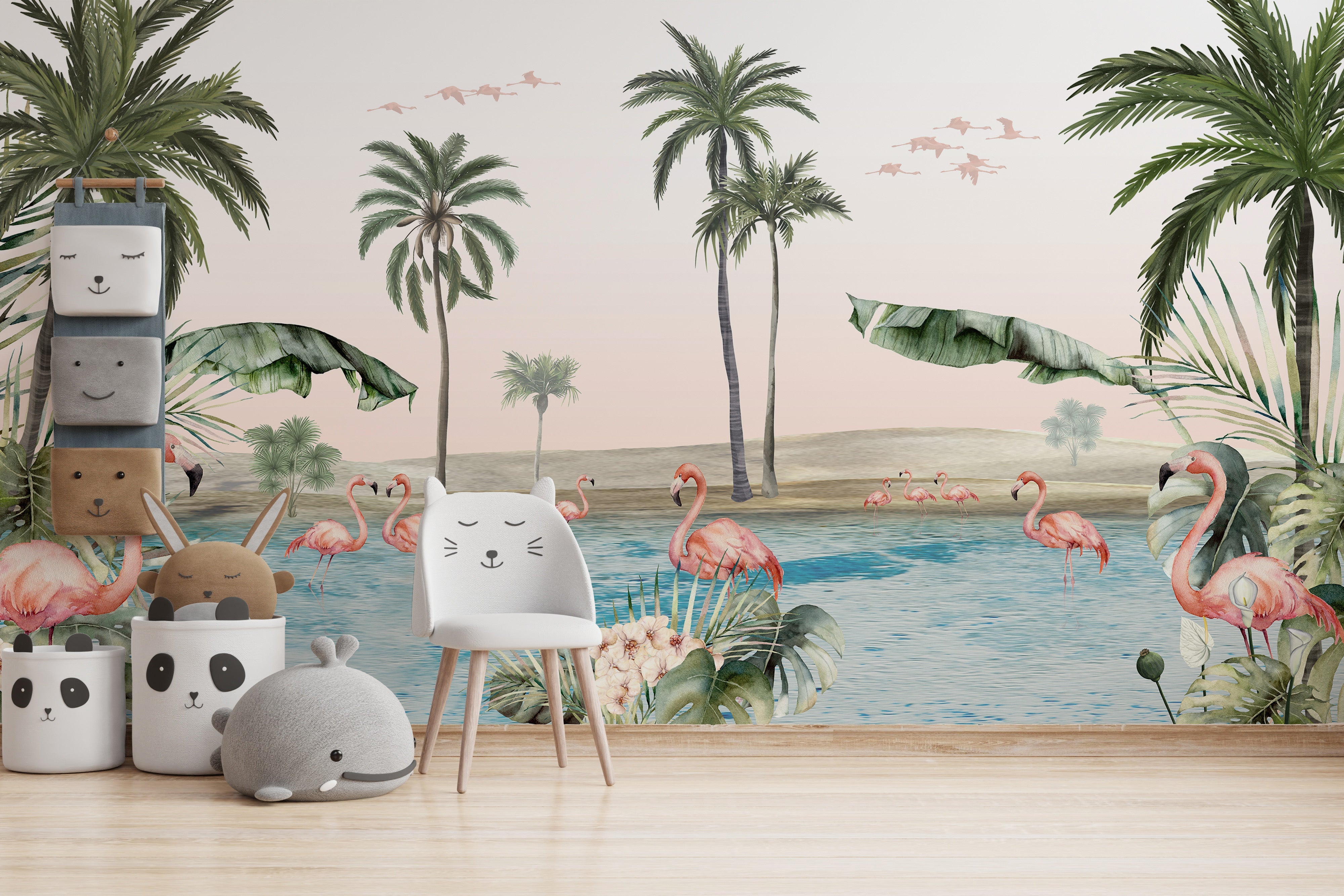 Flamingo oasis-themed wallpaper with tropical plants and water