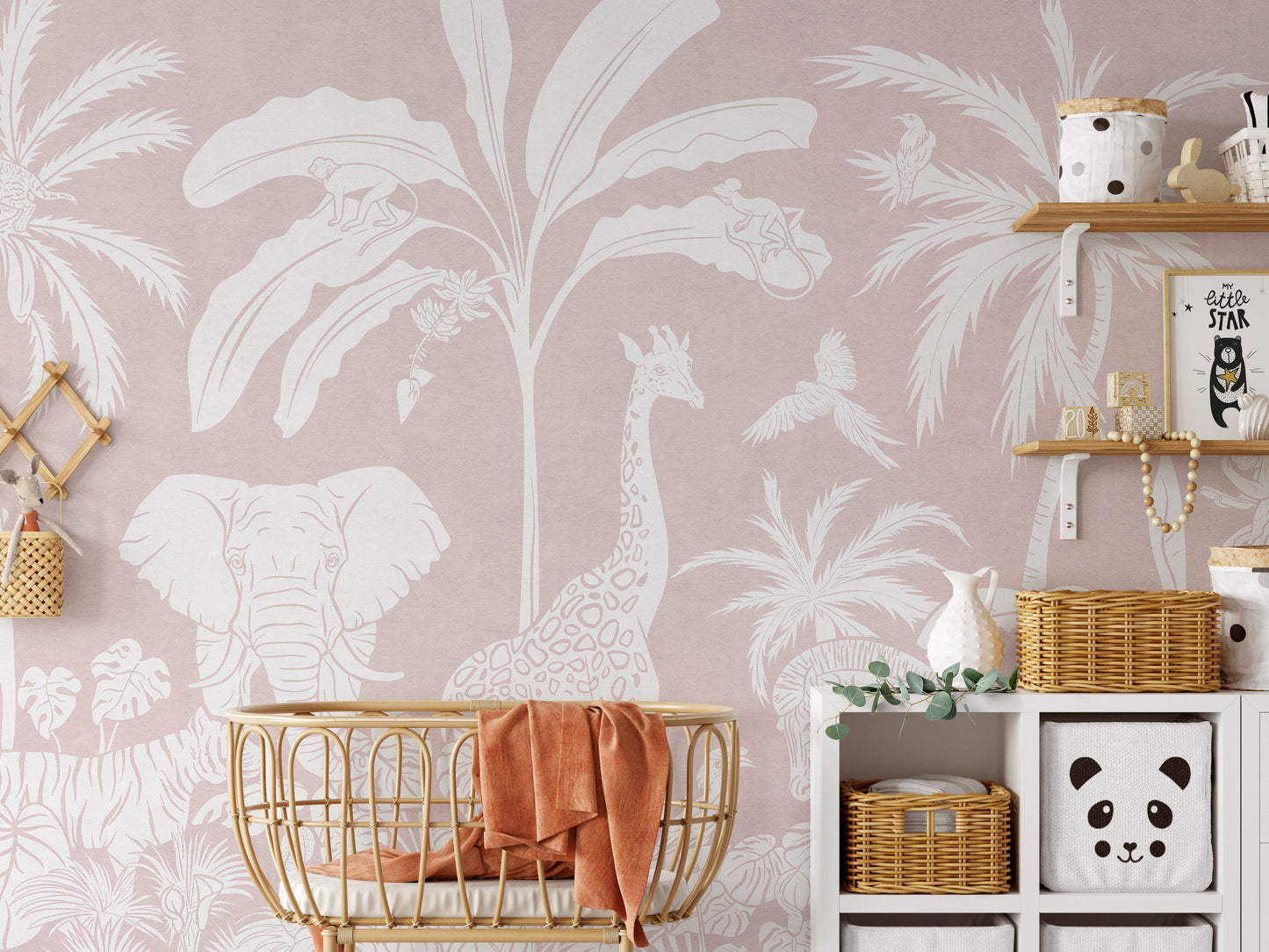 Monochrome Jungle Pink Wall Mural - Giffywalls