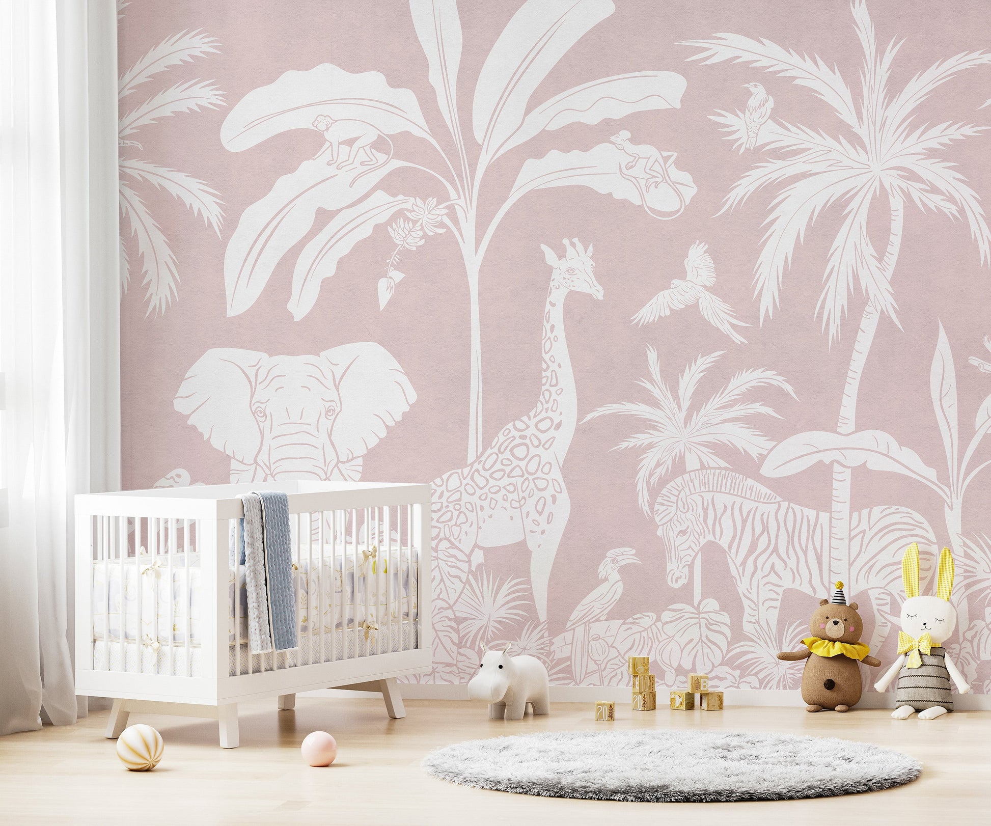 Monochrome Jungle Pink Wall Mural - Giffywalls