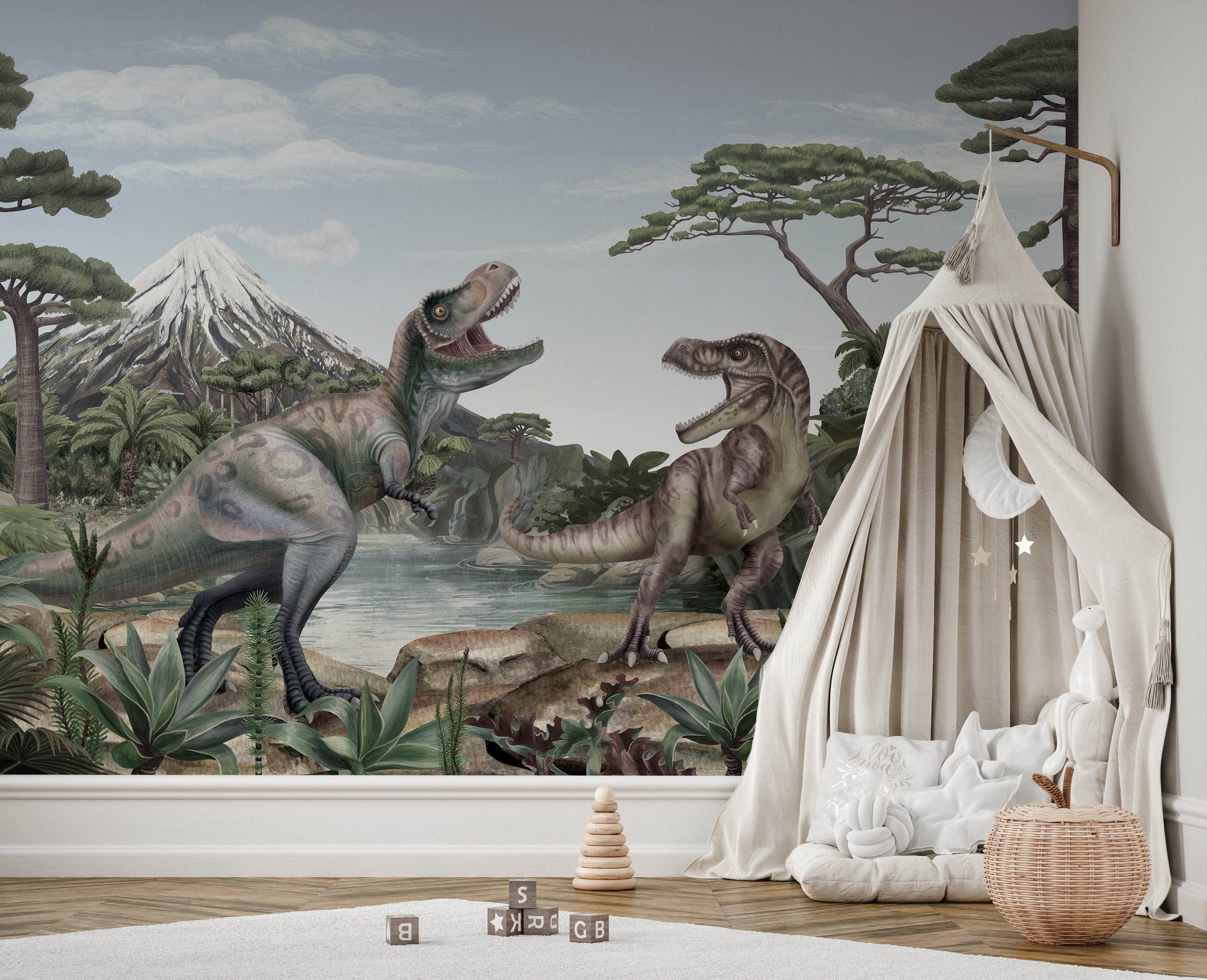 T-Rex dinosaur wallpaper with a scenic prehistoric backdrop