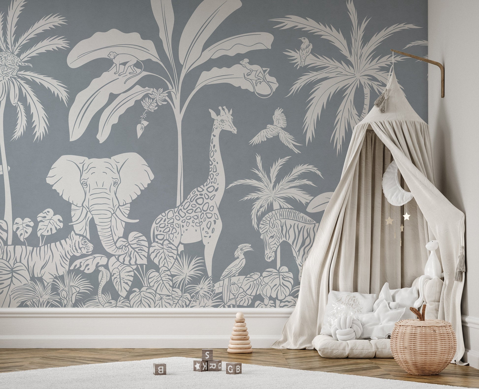 Monochrome Jungle Blue Wall Mural - Giffywalls