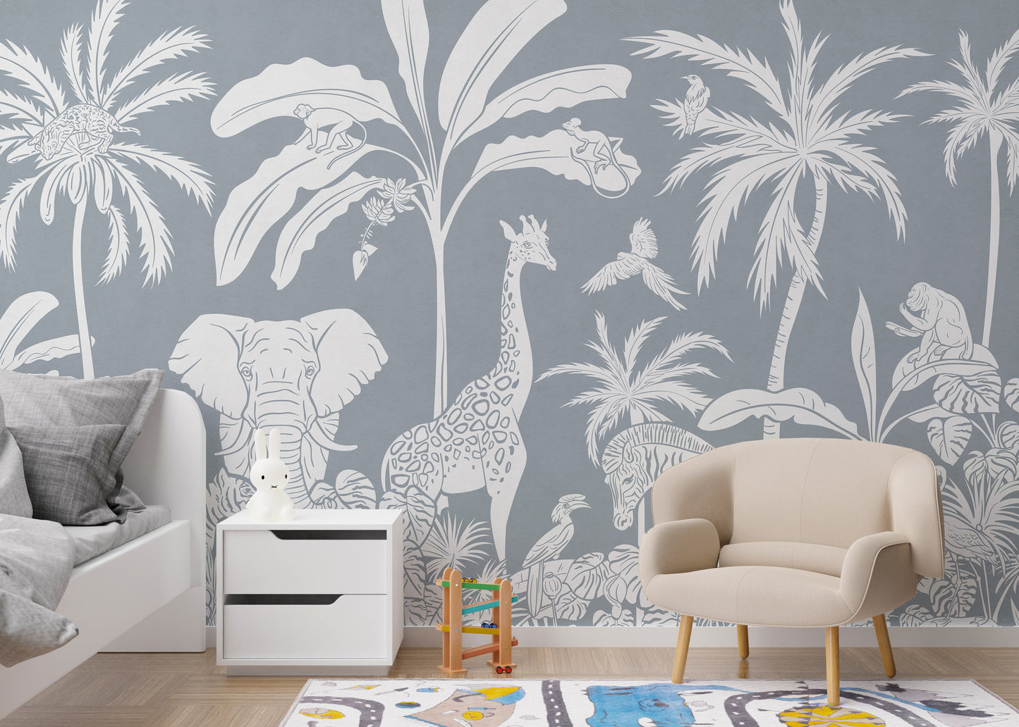 Monochrome Jungle Blue Wall Mural - Giffywalls