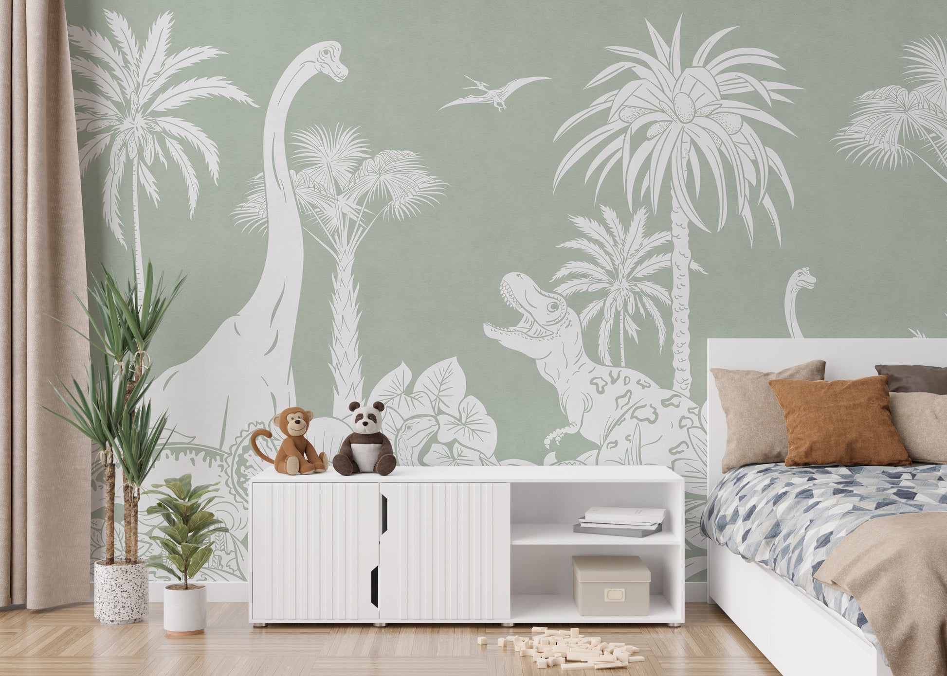 Monochrome Dino Green Wall Mural - Giffywalls