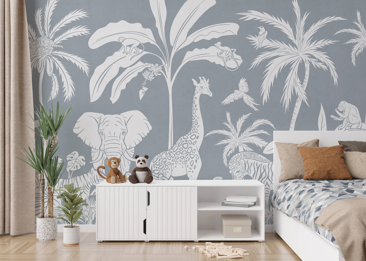 Monochrome Jungle Blue Wall Mural - Giffywalls