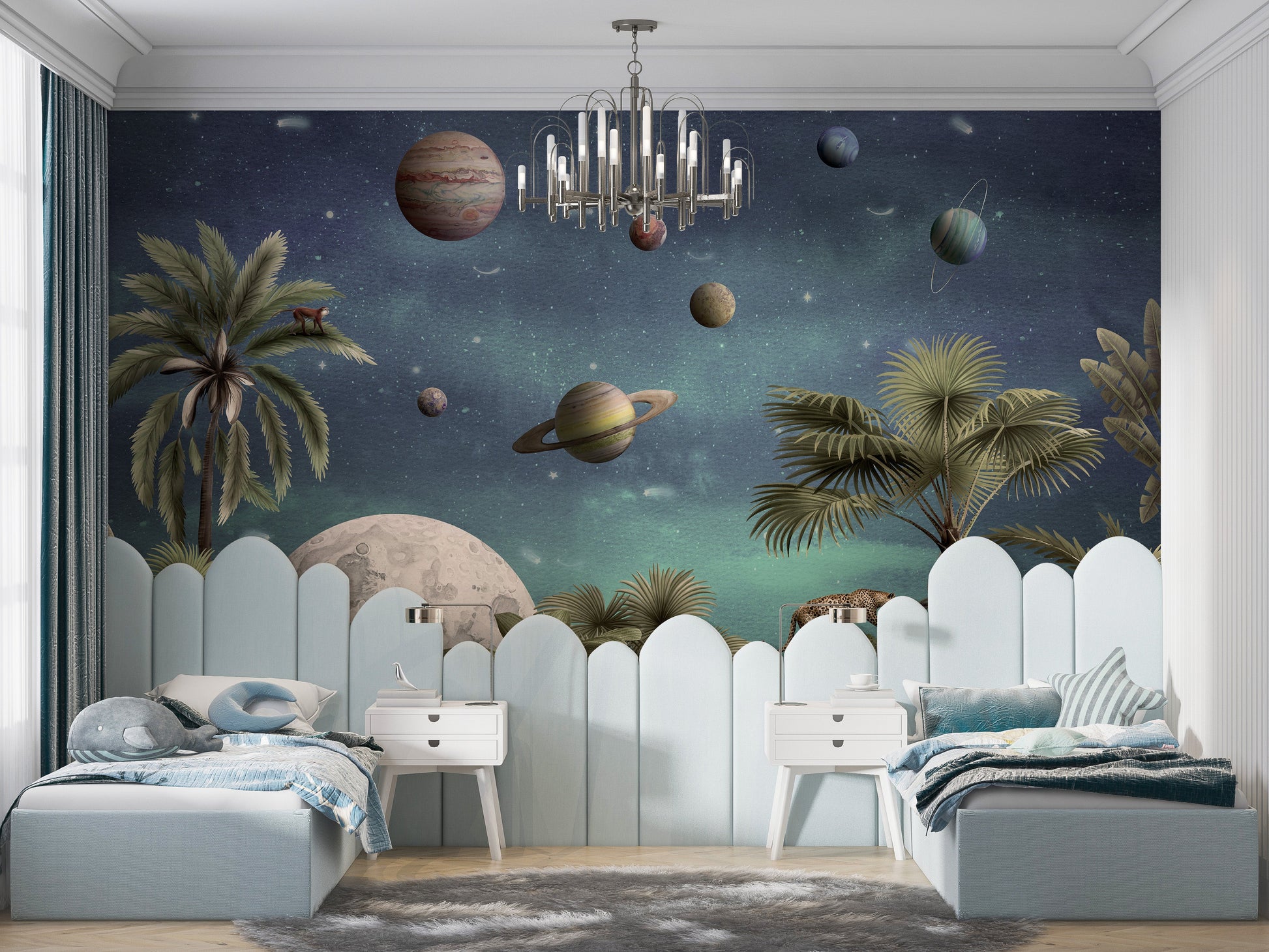 Space-inspired mural wallpaper with planets and the moon