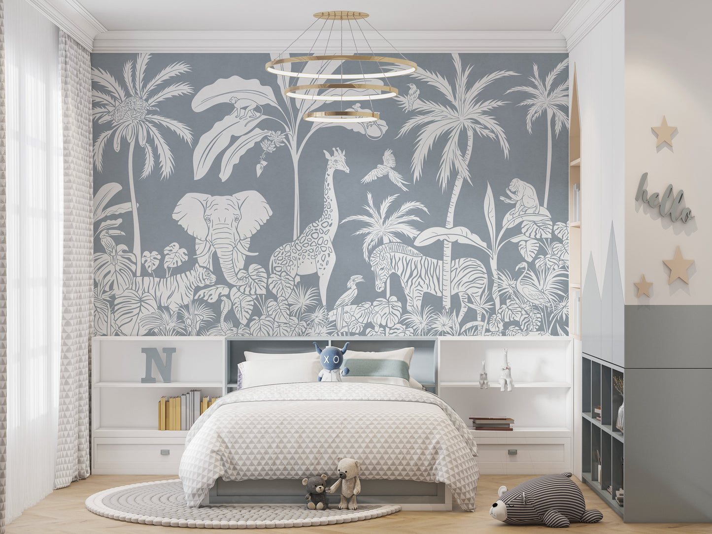 Monochrome Jungle Blue Wall Mural - Giffywalls