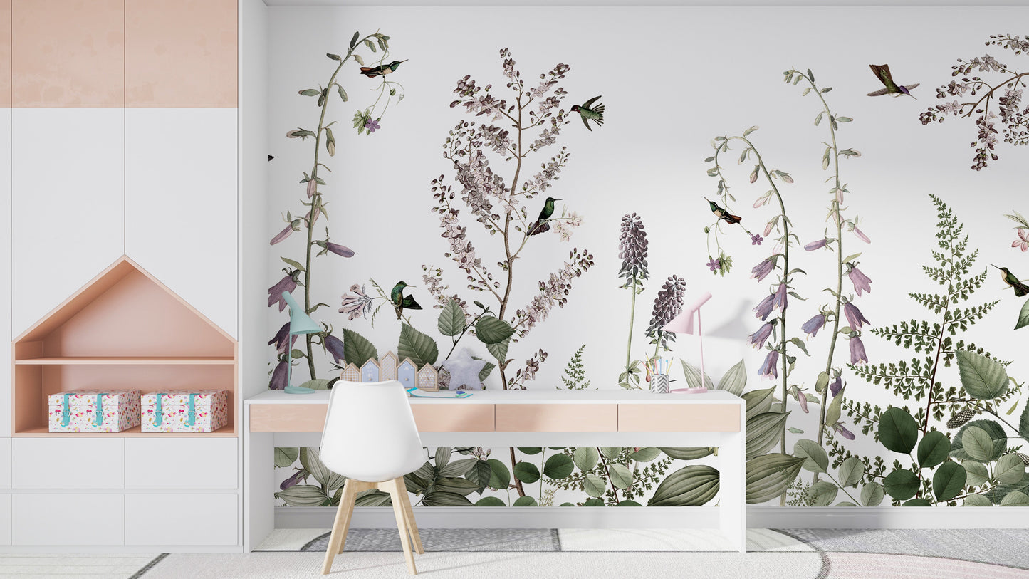 Hummingbird Hedge wallpaper featuring floral greenery