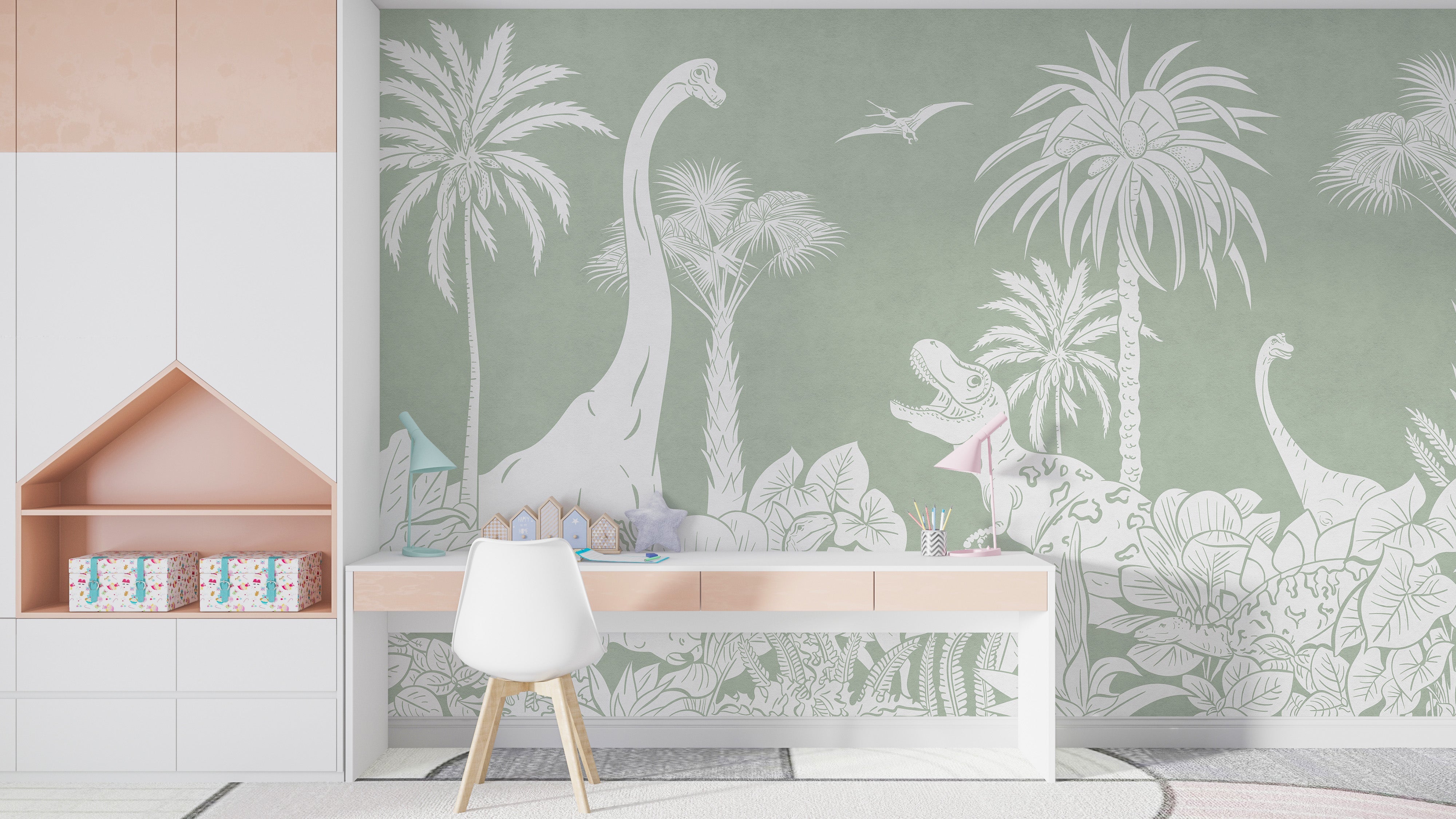 Monochrome Dino Green Wall Mural - Giffywalls